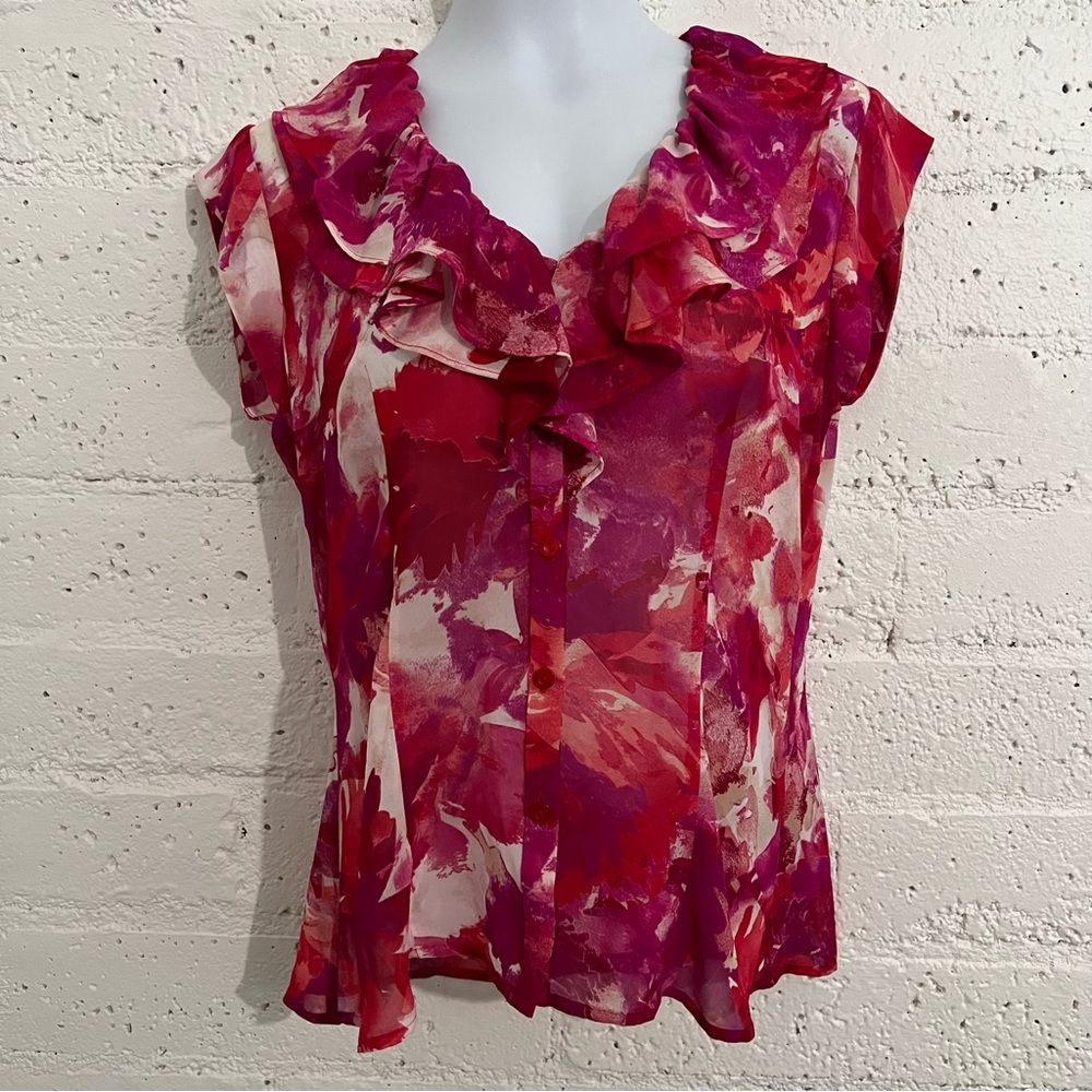 Jones New York Collection Womens Top 10 Red Floral Blouse Short Sleeve AW2